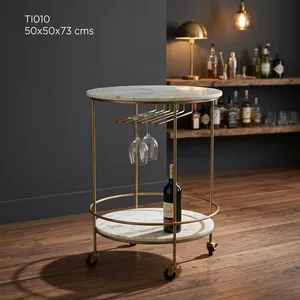 Modern Iron Marble Wine <b>Trolley</b> Bar Cart Round Rolling <b>Serving</b> Cart Gold Metal Frame Two Tier Storage Rack Glass Holder - Product Image 1