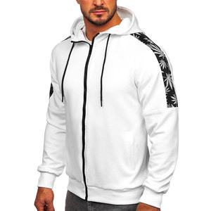 Men's <b>White</b> Hooded <b>Zip</b>-<b>Up</b> Sweatshirt With Black Solid Print Sleeves Regular Fit Casual Autumn Wear - Product Image 1