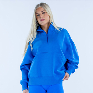 Sudadera con capucha de cuello alto y cremallera de un cuarto para mujer, azul eléctrico, de manga larga, forro polar cepillado, informal, cómoda, a la moda, para invierno - Product Image 2