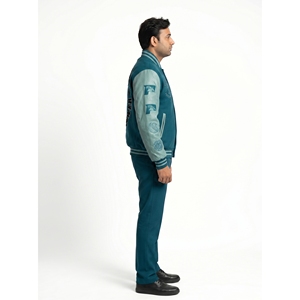 Custom Men's Premium Woven Embroidered Melton Wool Letterman Suit Varsity Jacket <b>Trouser</b> Set Leather Sleeves Front OEM XL Spring - Product Image 3