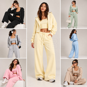 Fabrication de vêtements sur mesure : Ensemble de survêtement en coton avec sweat à capuche court zippé et pantalon de survêtement large, marque privée, faible MOQ - Product Image 2