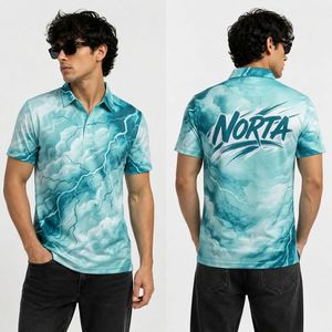 Camisetas Polo Deportivas para Hombre, Sublimadas, de Poliéster y Spandex Antipilling de 220 GSM, con Diseño Geométrico Azul y Triángulos Blancos Dispersos - Product Image 5