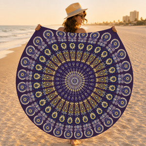 Serviette de plage ronde 100% coton, motif imprimé, vente en gros en Inde. Serviette de plage ronde mandala au prix le plus bas. - Product Image 1