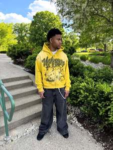 Unisex Graphic <b>Yellow</b> Zip Up <b>Hoodie</b> With Distressed Details Kangaroo Pocket Relaxed Fit Custom Label Wholesale OEM Export - Product Image 5