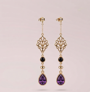 Boucles d'oreilles pendantes plaquées or avec pierre précieuse en forme de poire violette, serties de filigrane, pour femme, idéales pour les fêtes et mariages - Product Image 1