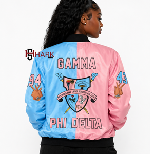 Sorority Gamma Phi Delta 1943 All Over Sublimation Heat Transfer Printed Quilt Lined Casual <b>Zipper</b> Outdoor Bomber Jackets - Product Image 2
