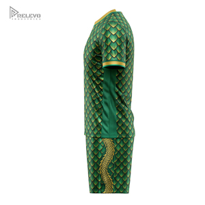 Ensemble d'uniformes de football personnalisés par sublimation, motif écailles de dragon, maillot et short de football pour hommes, vert et or, kit de match pour équipe asiatique, polyester/coton - Product Image 2