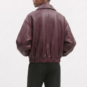 Women’s Oversized <b>Burgundy</b> <b>Leather</b> <b>Jacket</b>, Modern Minimalist Bomber <b>Jacket</b> - Product Image 4