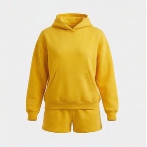Women's Yellow Fleece Hooded Sweatshirt and <b>Shorts</b> <b>Set</b> Casual Loose Fit All Seasons Sportswear Two Piece Outfit - Product Image 1
