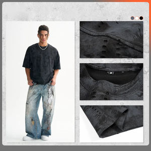 Hip Hop Men's Formal <b>Long</b> Sleeve <b>Tshirt</b> Custom Oversized Distress Knitted 100% Cotton 250GSM Quick Dry Breathable Anti-Wrinkle - Product Image 2