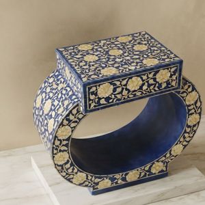 <b>Blue</b> Mother of Pearl Inlay Nightstand Carved End <b>Table</b> Decorative <b>Bedside</b> Cabinet Floral Pattern - Product Image 3