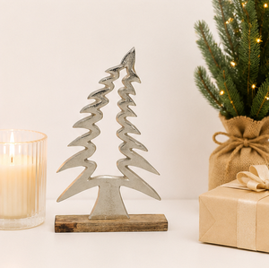 Handmade Modern Metal Aluminum Christmas <b>Tree</b> Sculpture With Rustic Mango Wood Base For <b>Tabletop</b> Holiday Decoration And Festive - Product Image 2