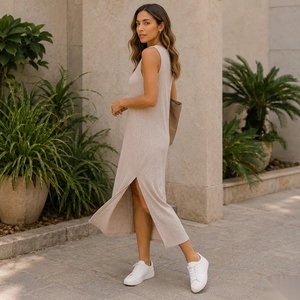 Vestido Midi de Punto sin Mangas con Cuello Redondo, Ajustado, de Color Sólido, Informal, para Uso Diario, Transpirable, de Tela de Algodón y Poliéster - Product Image 2