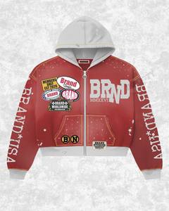 BRAND Full <b>Zip</b> Hoodie Black Grey Fleece Streetwear Plus Size Badge Printed Autumn Adult Regular Sleeve - Product Image 2