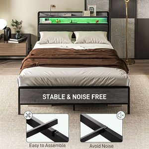 Struttura letto matrimoniale Queen Size con contenitore resistente, testiera imbottita con LED e stazione di ricarica, grigio cemento, caratteristiche King Size - Product Image 6