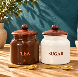 Modern 3 Pcs Tea Coffee <b>Sugar</b> Storage Canister Set White Kitchen Jars with Wooden Lids Airtight Food Organiser for Counter Tops - Product Image 6
