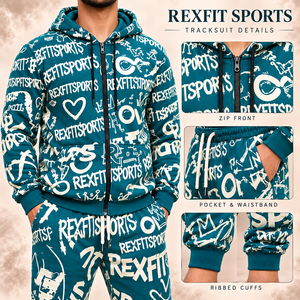 Teal And Cream Allover Graphic Tracksuit <b>Full</b> <b>Zip</b> <b>Hoodie</b> And Pants Set Unisex Custom Label Printed Streetwear Wholesale Clothing - Product Image 1