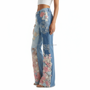 Jeans évasés taille haute à sequins floraux en maille respirante, personnalisables OEM, vente en gros - Product Image 2