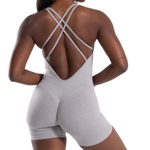 Combinaison de sport pour femme gris clair à bretelles, sans manches, extensible, pour le yoga, la gym et l'entraînement - Product Image 4