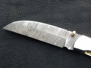 Handmade Damascus Steel <b>Drop</b> Point Folding Pocket Knife Olive Wood Handle Custom EDC Utility Leather Sheath OEM ODM 3-Year - Product Image 2