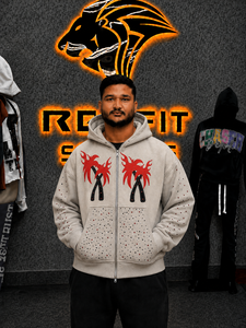 Sweat à capuche pour homme REKFIT, gris, imprimé palmiers, fermeture éclair, coupe ample, décontracté, pour l'automne - Product Image 1
