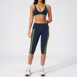 Custom 2026 Navy Blue 2 Piece Yoga Set Spaghetti Strap <b>Crop</b> <b>Top</b> High Waist Flared Pants Contrast Binding Breathable Solid Colors - Product Image 4