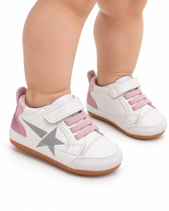 White Pink Baby Casual Shoes Hook Loop Closure Rubber Outsole Leather Upper <b>Arch</b> <b>Support</b> Girls 0-6m - Product Image 1