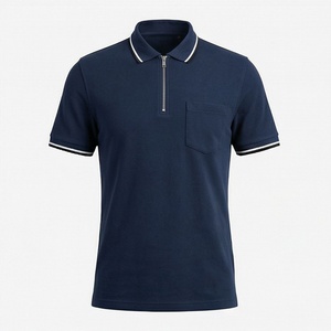 Polo à manches courtes bleu marine pour homme avec fermeture éclair et poche, design uni tricoté décontracté, coupe classique - Product Image 1