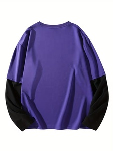 T-shirt violet surdimensionné pour homme à manches doubles avec manches contrastées noires et logo frontal, col rond, manches courtes, en jersey de coton - Product Image 2