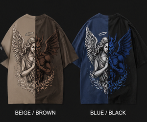 Camiseta de manga corta oversize con estampado personalizado de ángel y demonio, estilo urbano para hombre, cuello redondo, jersey de algodón. - Product Image 5