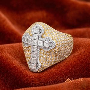 Mens Gold Tone Moissanite <b>Cross</b> <b>Ring</b> Hip Hop Engagement Gift Jewelry for Men Modern Wear - Product Image 4