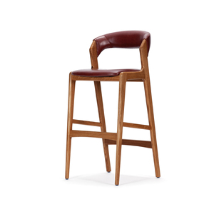 Chaise de bar moderne de style mid-century avec accoudoirs fixes, siège et dossier en cuir rouge, structure en bois massif - Utilisation commerciale et domestique - Product Image 5