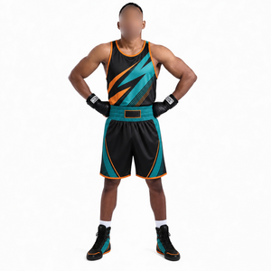 Ensemble de boxe noir, bleu sarcelle, orange, en polyester, tenue d'entraînement durable, short et haut avec logo de gants, toutes saisons - Product Image 1