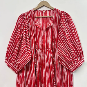 Robe décontractée mi-longue pour femme en coton tissé 100% uni, à manches courtes, taille empire, style babydoll, coupe ample et fonctionnelle à col en V oversize - Product Image 1