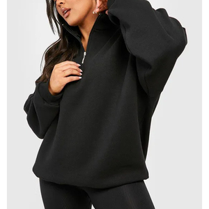 Sudadera Oversize de Felpa para Mujer con Cuello Redondo, Algodón y Fibra de Bambú, Color Negro Liso, Manga Larga, Hombro Caído, Transpirable, Casual de Otoño - Product Image 3