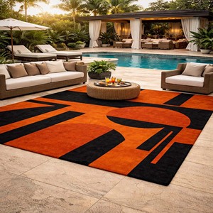 Alfombra Geométrica Contemporánea Naranja y Negra, Hecha a Mano, Suave y Duradera, Alfombra Elegante para Sala de Estar, Vestíbulo de Hotel u Oficina - Product Image 2