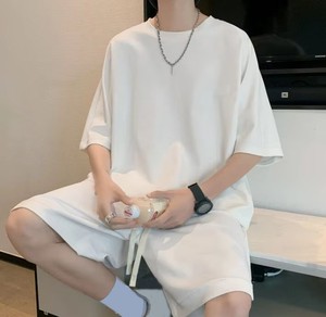 ชุดลำลองฤดูร้อนผู้ชายสีดำ ผ้าฝ้าย เสื้อยืดแขนสั้น กางเกงขาสั้นเอวยางยืด สีพื้น ผ้าถักระบายอากาศ - Product Image 2