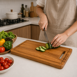 Planche à découper en teck massif, grande planche à hacher avec rainure pour les jus et poignée, pour cuisine, café, restaurant, hôtel, projet de restauration - Product Image 4