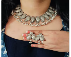 Hermoso conjunto de collar de fusión de plata, pendiente a juego con perla de diamante, boda, fiesta, compromiso, regalo perfecto para mujeres y niñas - Product Image 2