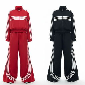 Retro Winter Unisex Tracksuit Lightweight 100% Cotton Side Stripe Zip Jacket Wide Leg Flare <b>Pants</b> Set Streetwear Casual - Product Image 1