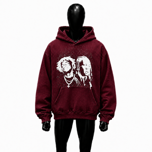 Sudadera con Capucha para Hombre, Color Granate, Estilo Hip Hop, Oversize, de Algodón French Terry, con Estampado, Bolsillo Frontal, Corte Regular, para Otoño, Estilo Vintage - Product Image 1