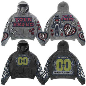 เสื้อฮู้ดดี้ผู้ชายทรงโอเวอร์ไซส์ ปี 2025 ผ้าคอตตอน 100% สำหรับฤดูหนาว แบบเรียบสีพื้น หนานุ่ม สไตล์ดิสเทรส พร้อมปักลาย  มีกระเป๋า - Product Image 2