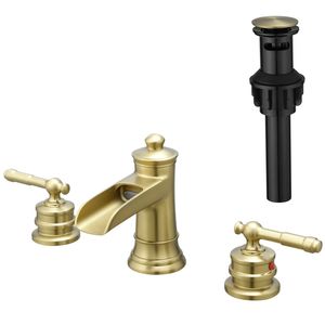 Rubinetto per lavabo bagno da 8 pollici in nichel oro con 3 fori e doppia leva, scarico a scomparsa incluso - Product Image 2