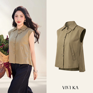 Blusa sin Mangas para Mujer, Diseño ODM OEM, Color Caqui, Pliegues en la Espalda, Cuello con Botones, Estilo Casual para Otoño e Invierno, Marca ELLERY - Product Image 1