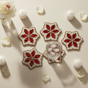 Handmade Eco-Friendly Glass Beads Floral <b>Coasters</b> Red <b>White</b> Fabric Traditional Chinese Design - Product Image 1