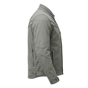Mens Motorcycle Biker Jacket Custom Grey Washed Denim Tactical Panel Seam Snap Collar Cafe Racer Outerwear <b>Coat</b> - Product Image 3