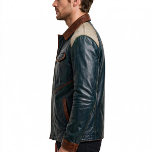 Amkoor Men's Genuine Leather Motorcycle <b>Jacket</b> <b>Slim</b> <b>Fit</b> Turn-Down Collar Zipper Closure Solid Color Autumn Biker <b>Jacket</b> - Product Image 4