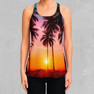 Débardeur pour femme imprimé par sublimation, motif palmier et coucher de soleil, col rond, décontracté, respirant, en tissu tricoté 100 % polyester - Product Image 4