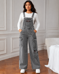 <b>Women's</b> Gray Denim Overalls Mid Waist Wide Leg Regular Fit Breathable Stonewashed with Pockets Zippers Formal Summer Style OEM - Product Image 1