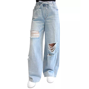 Multi-Pocket Painted Denim <b>Cargo</b> Pants <b>Women</b> High Waist Breathable Quick Dry Loose Fit 100% Polyester Stonewashed New Arrival - Product Image 3